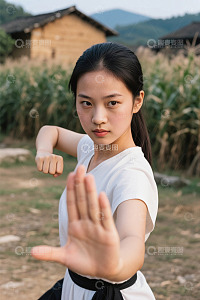 女子户外练传统武术