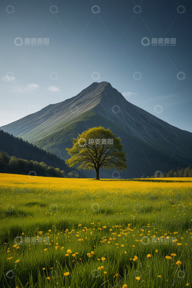 高清大图下载【趣麦麦图】山间花田中的独立树木风景