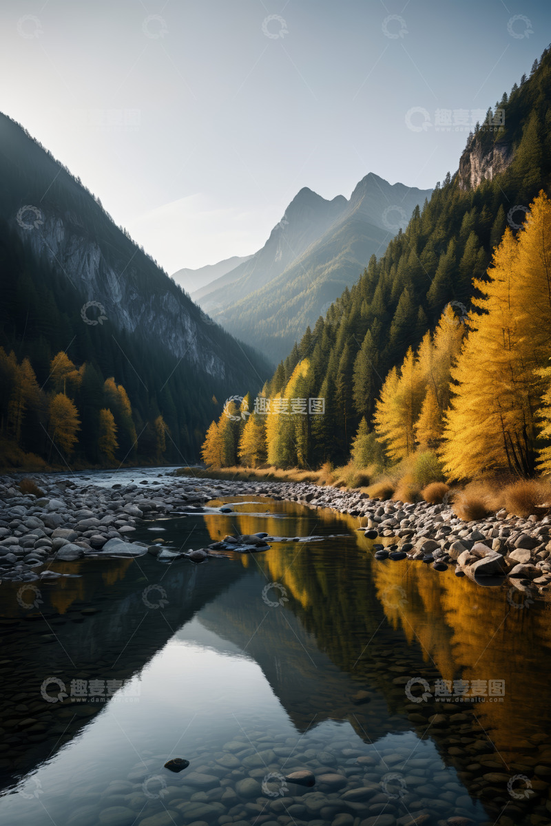 高清大图下载【趣麦麦图】山谷间河流与秋日树林景观