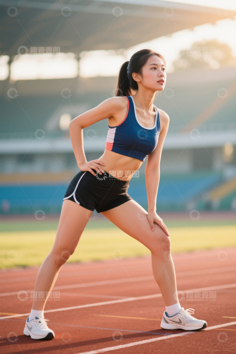 高清大图下载【趣麦麦图】体育场女性运动员热身场景