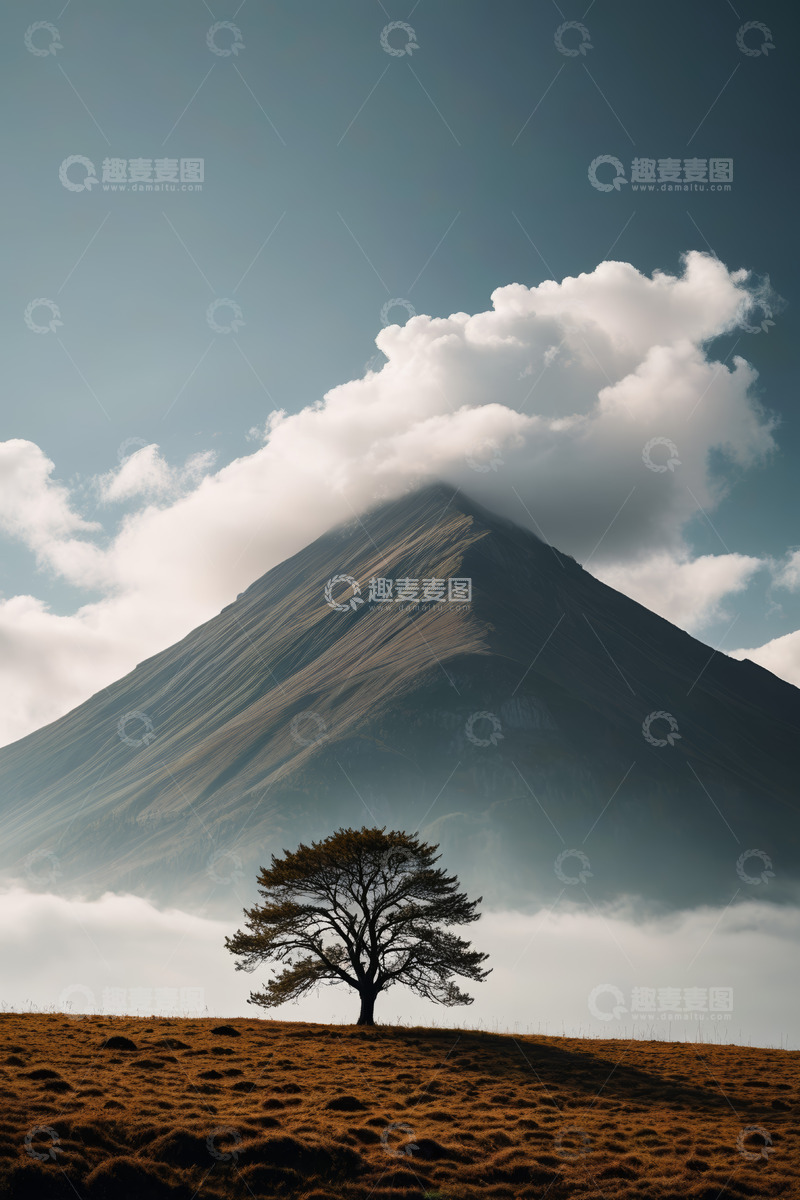 高清大图下载【趣麦麦图】孤树与远山的自然景观