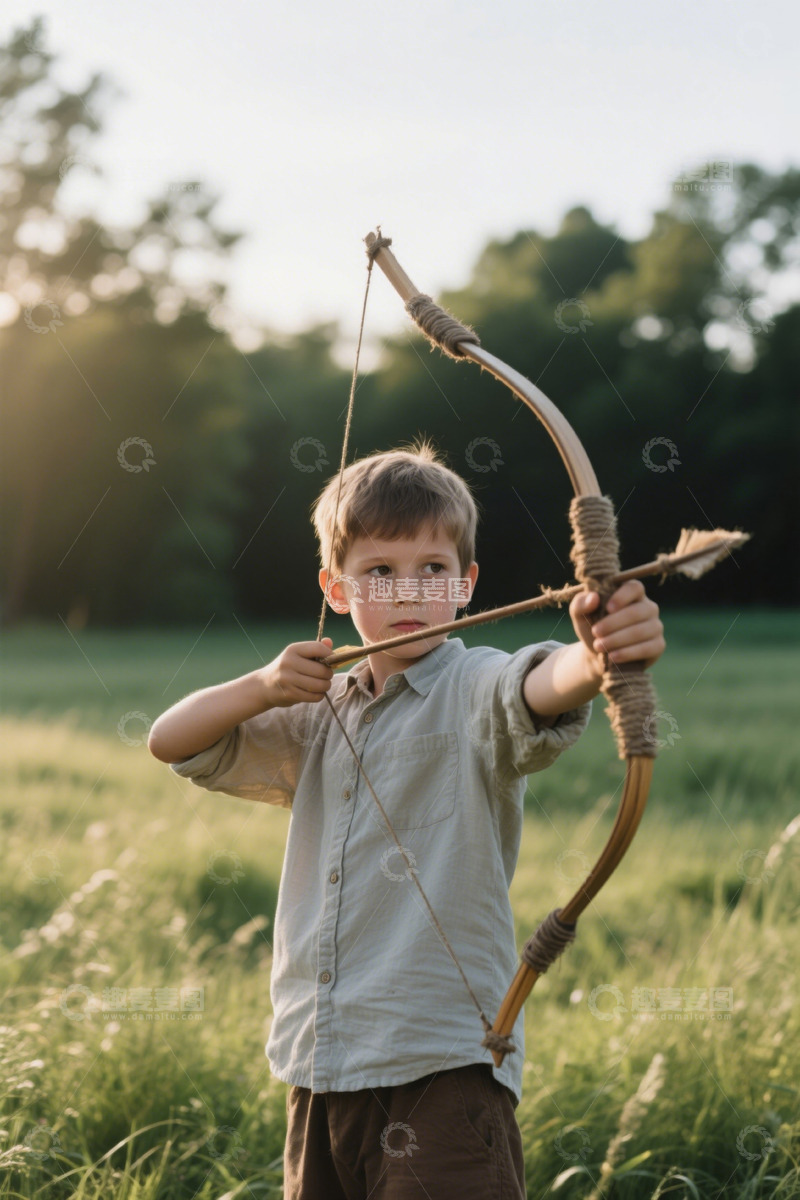 高清大图下载【趣麦麦图】户外男孩持弓射箭场景