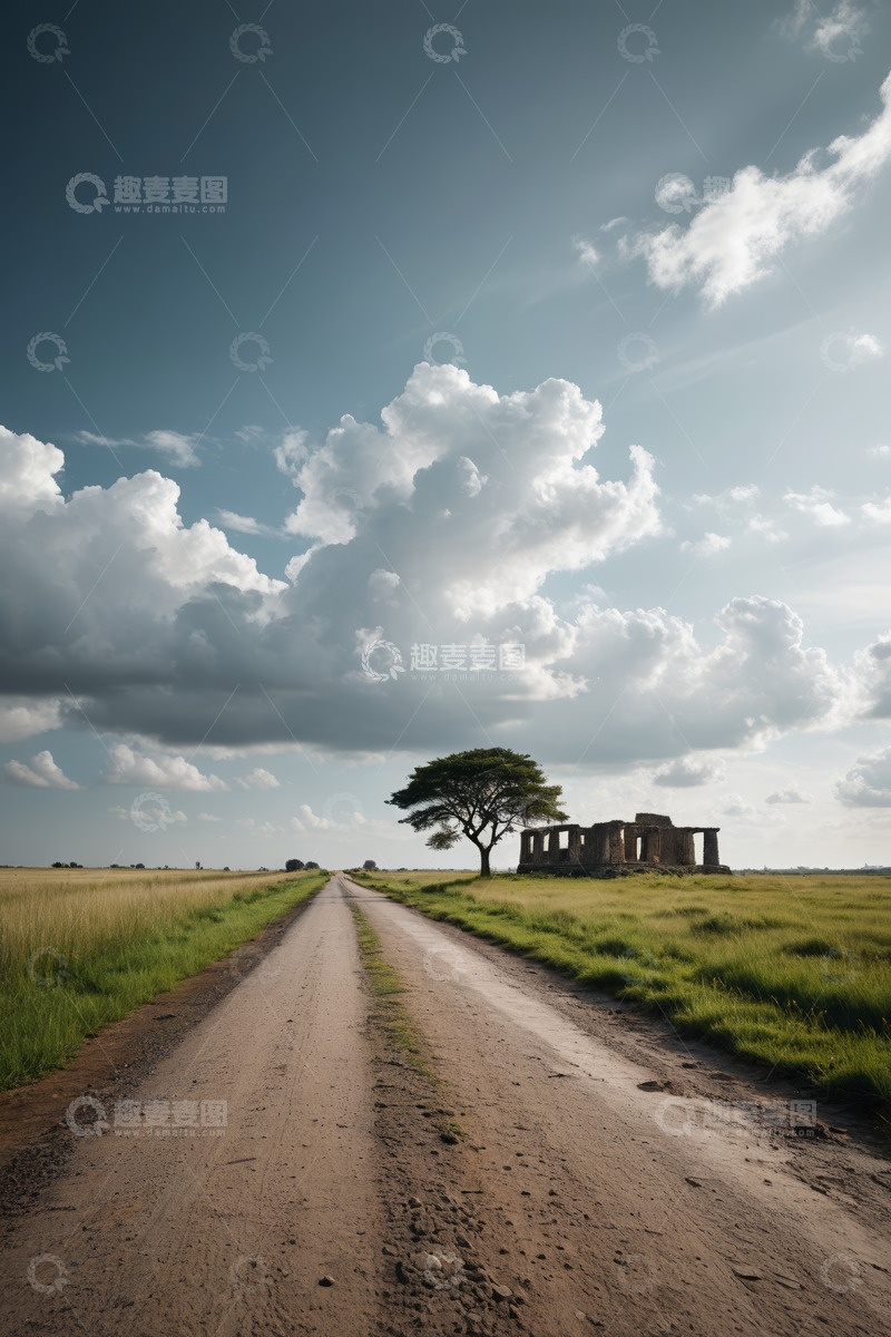 高清大图下载【趣麦麦图】草原土路旁的古迹与孤树景观