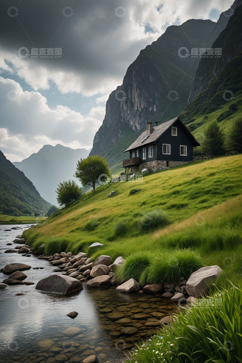 高清大图下载【趣麦麦图】山间小屋旁的溪流风景
