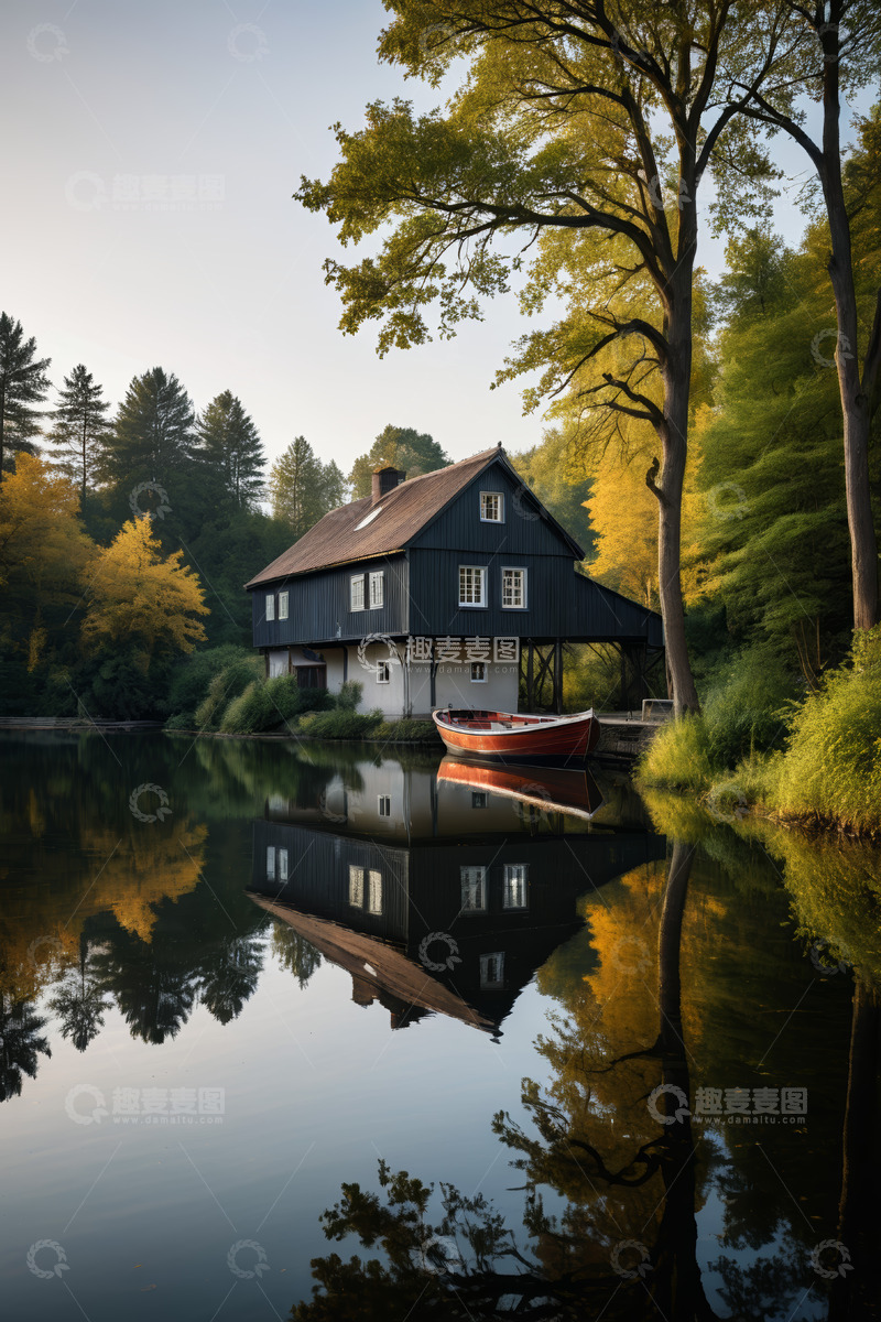 高清大图下载【趣麦麦图】湖畔小屋与船只风景