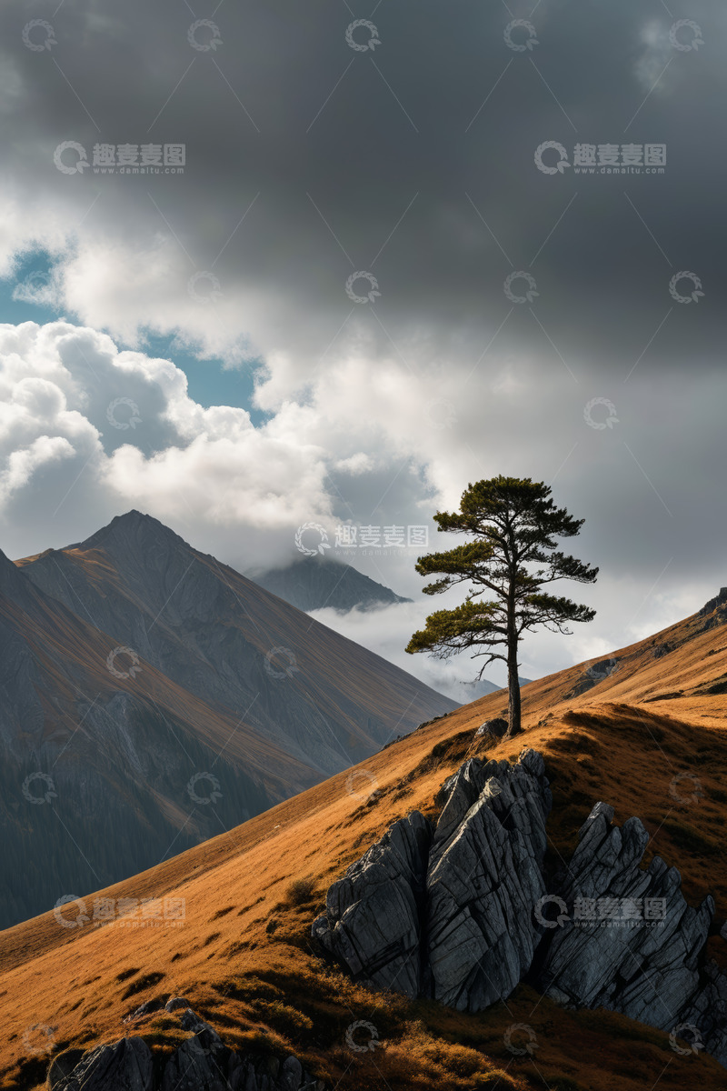 高清大图下载【趣麦麦图】山间孤树与起伏山脉风景
