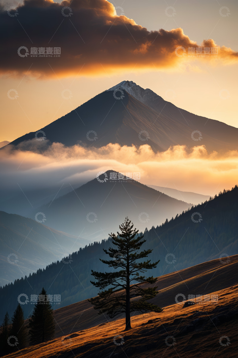 高清大图下载【趣麦麦图】夕阳下的山景与孤树