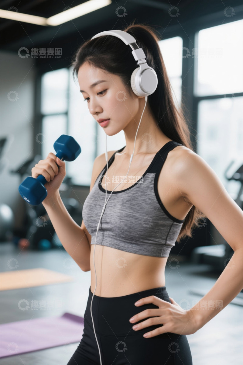 高清大图下载【趣麦麦图】女性健身房举哑铃健身场景