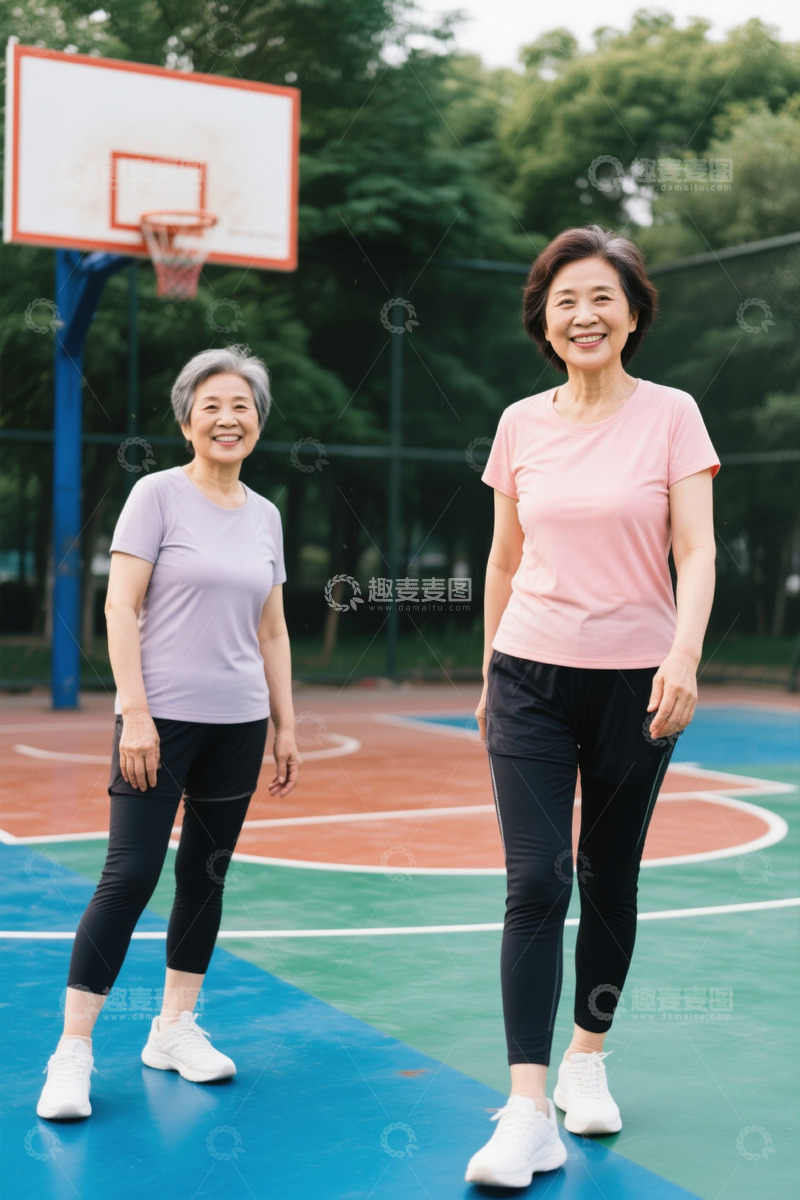 高清大图下载【趣麦麦图】老年女性在篮球场休闲锻炼