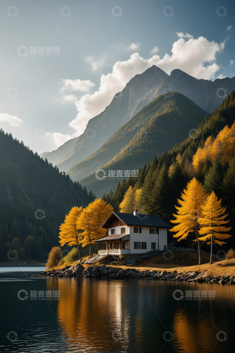 高清大图下载【趣麦麦图】湖畔山间小屋秋日风光