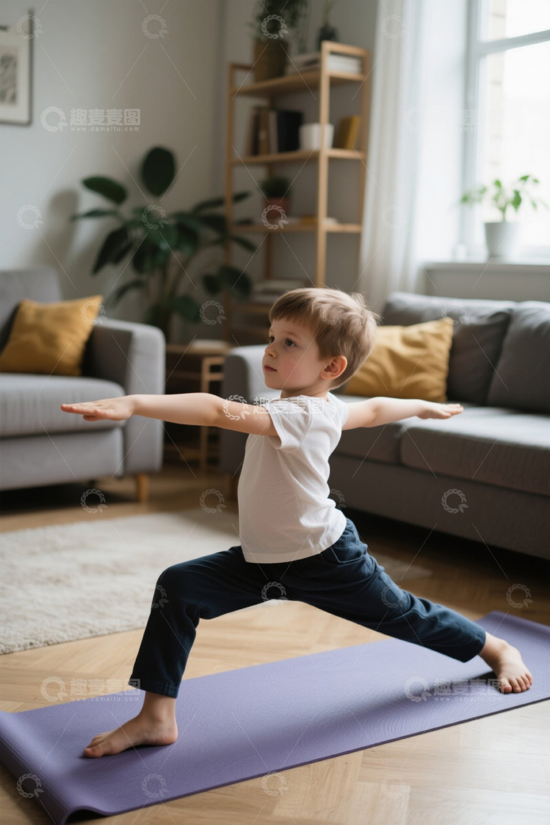 高清大图下载【趣麦麦图】小男孩在家中做瑜伽锻炼