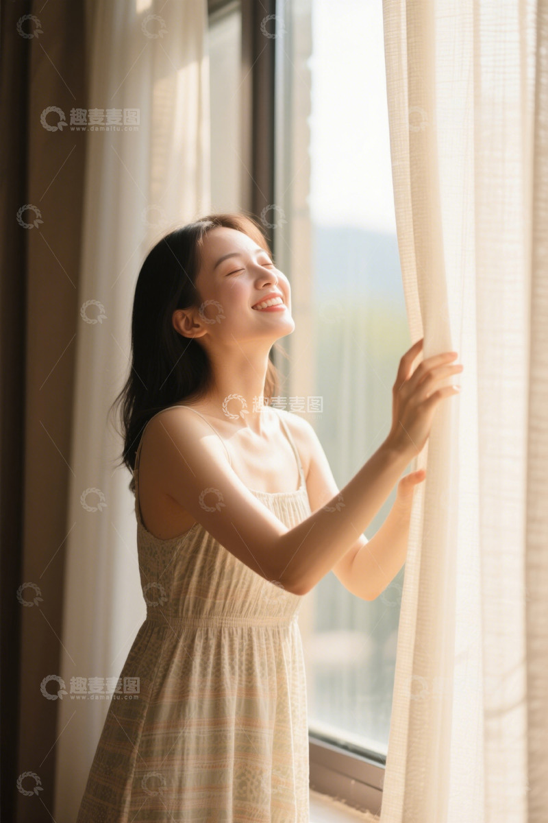 高清大图下载【趣麦麦图】女子窗边微笑拉开窗帘瞬间