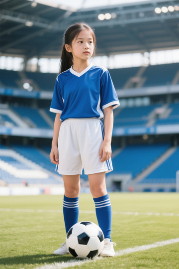 身着足球服的亚洲小女孩站在球场