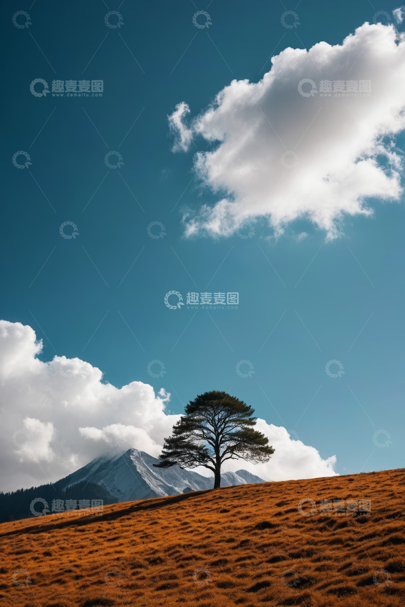 高清大图下载【趣麦麦图】草原孤树与远山蓝天白云