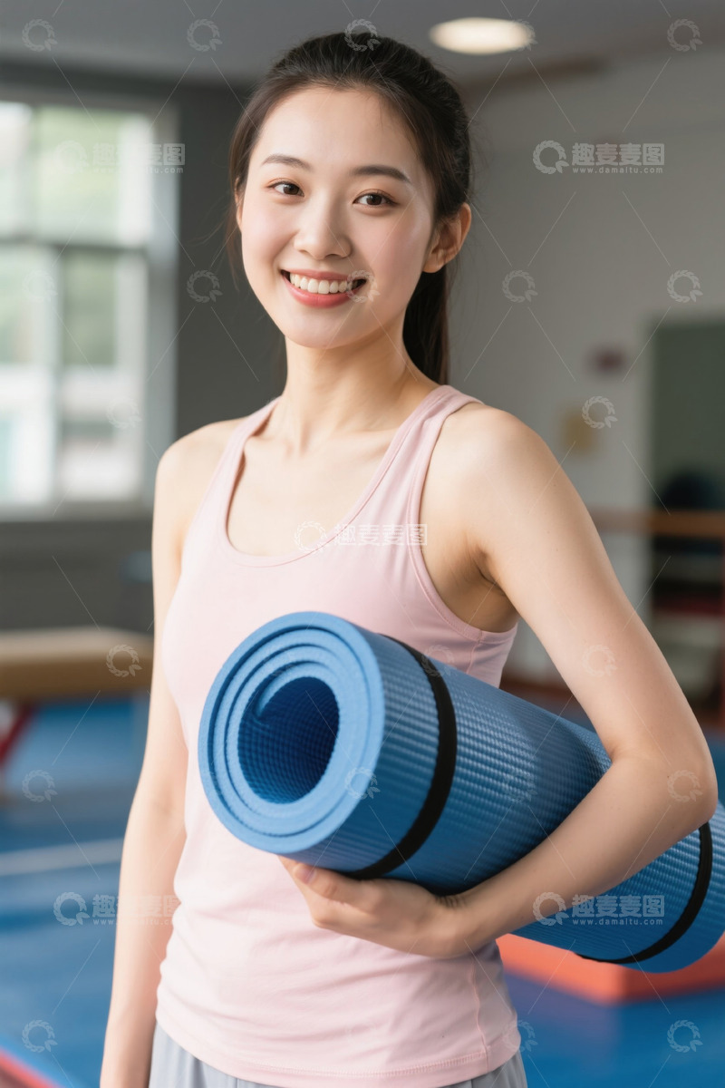 高清大图下载【趣麦麦图】手持瑜伽垫的健身女性