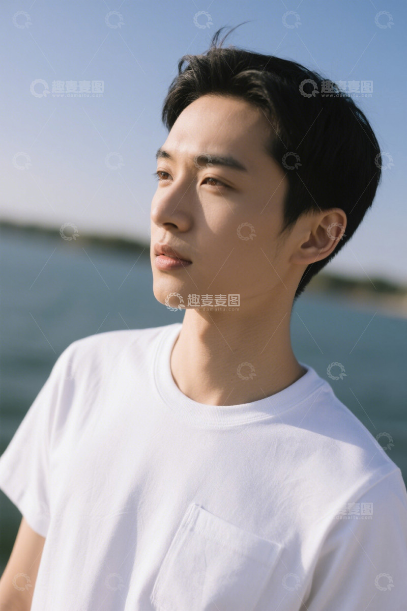 高清大图下载【趣麦麦图】水边白衣男子侧脸肖像