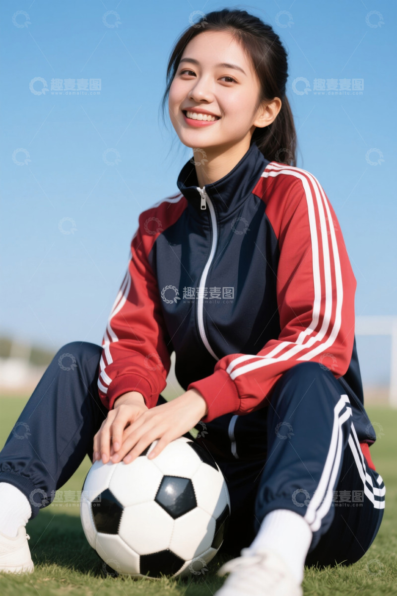 高清大图下载【趣麦麦图】户外坐草地持足球的年轻女子