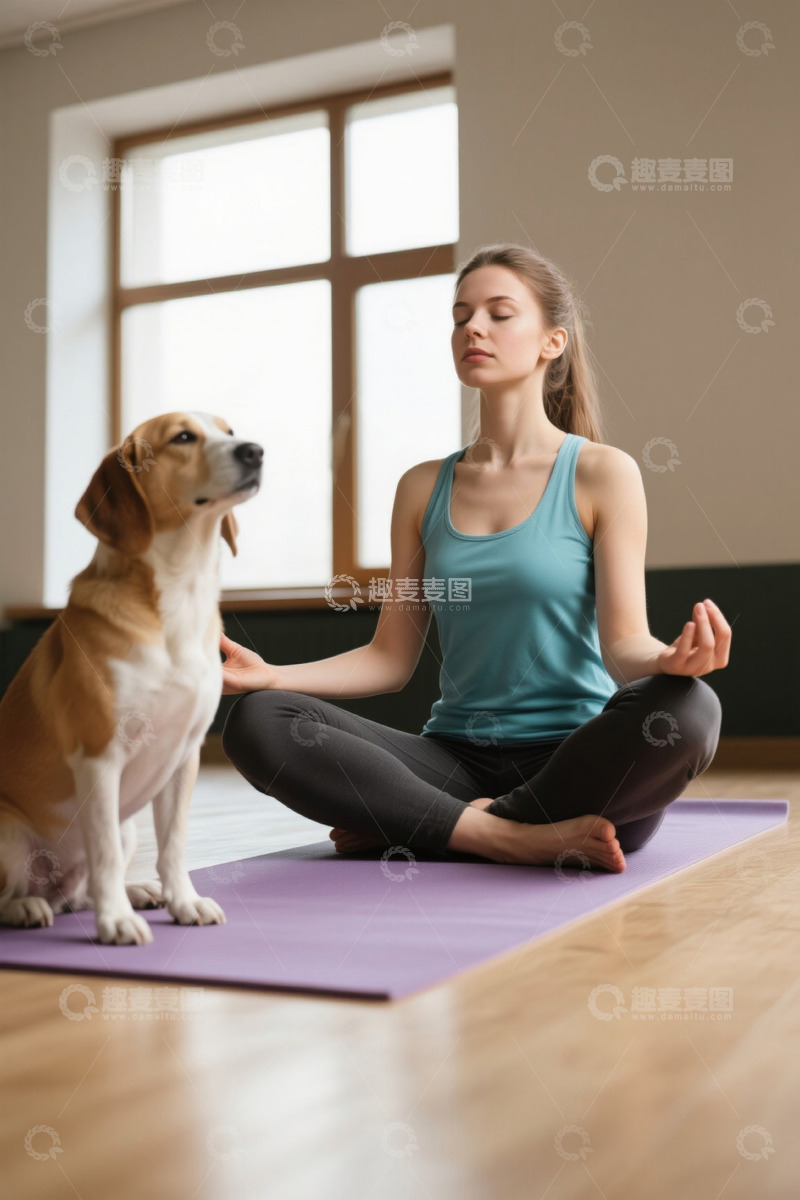 高清大图下载【趣麦麦图】女子居家与狗一起练瑜伽