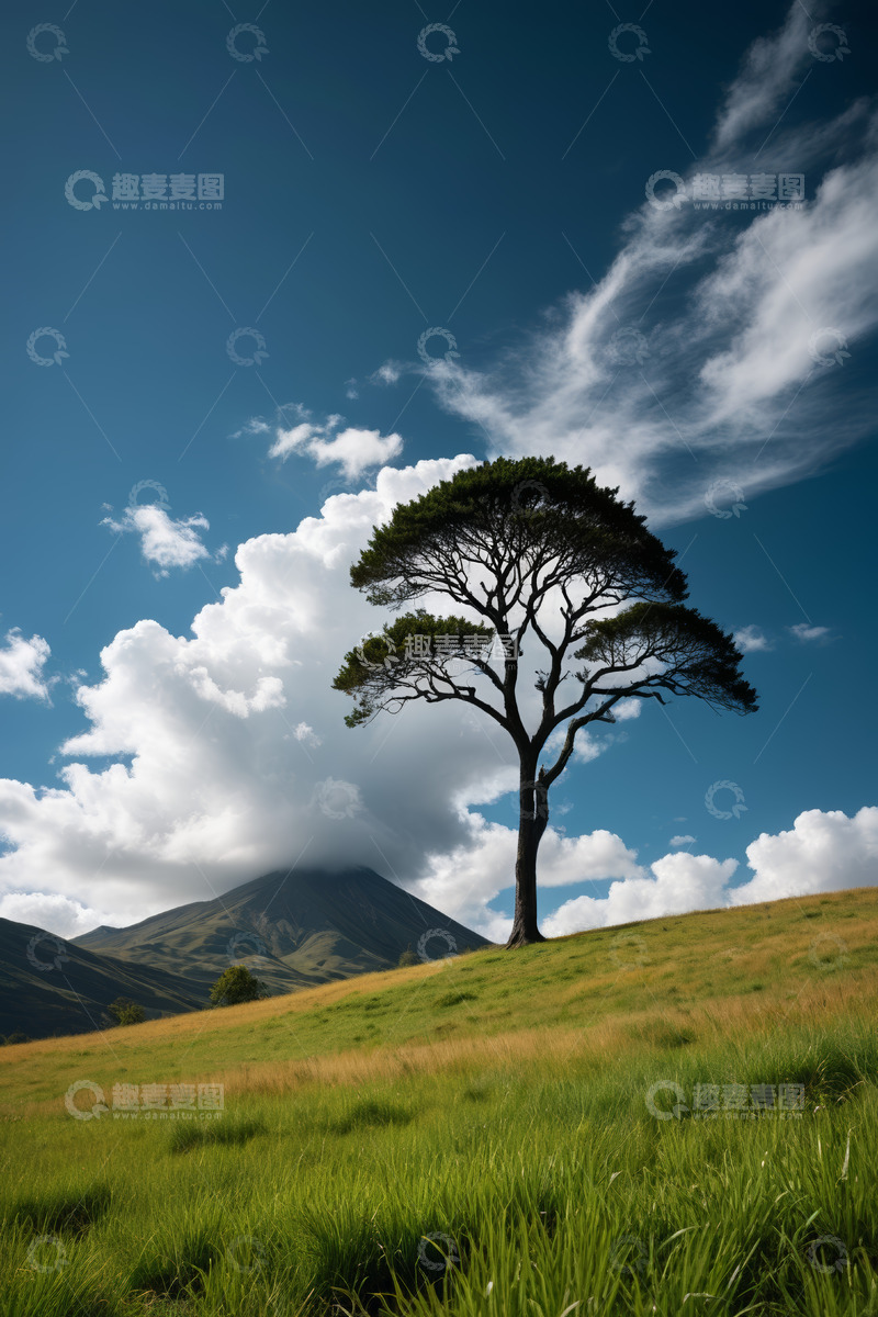 高清大图下载【趣麦麦图】草原上独立树木与远山景观