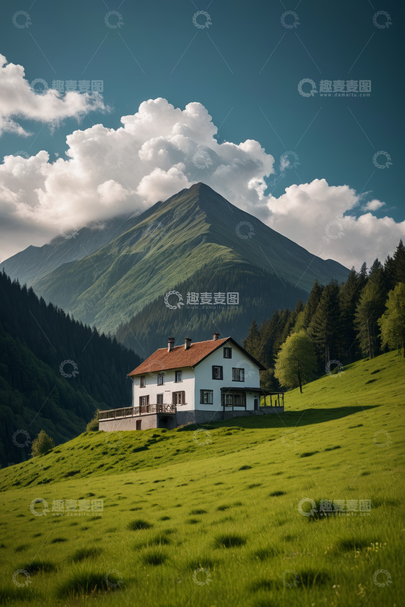 高清大图下载【趣麦麦图】山间草地的独栋小屋