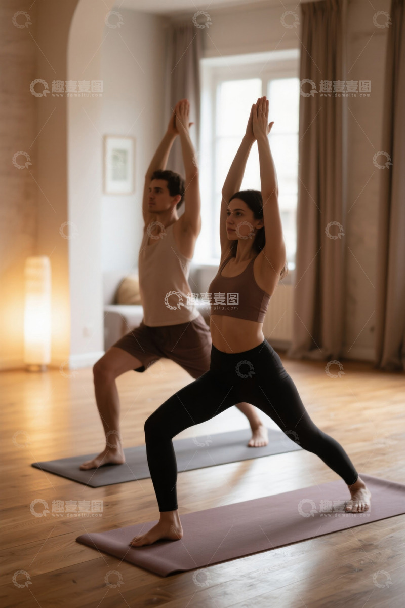 高清大图下载【趣麦麦图】男女室内共同练习瑜伽