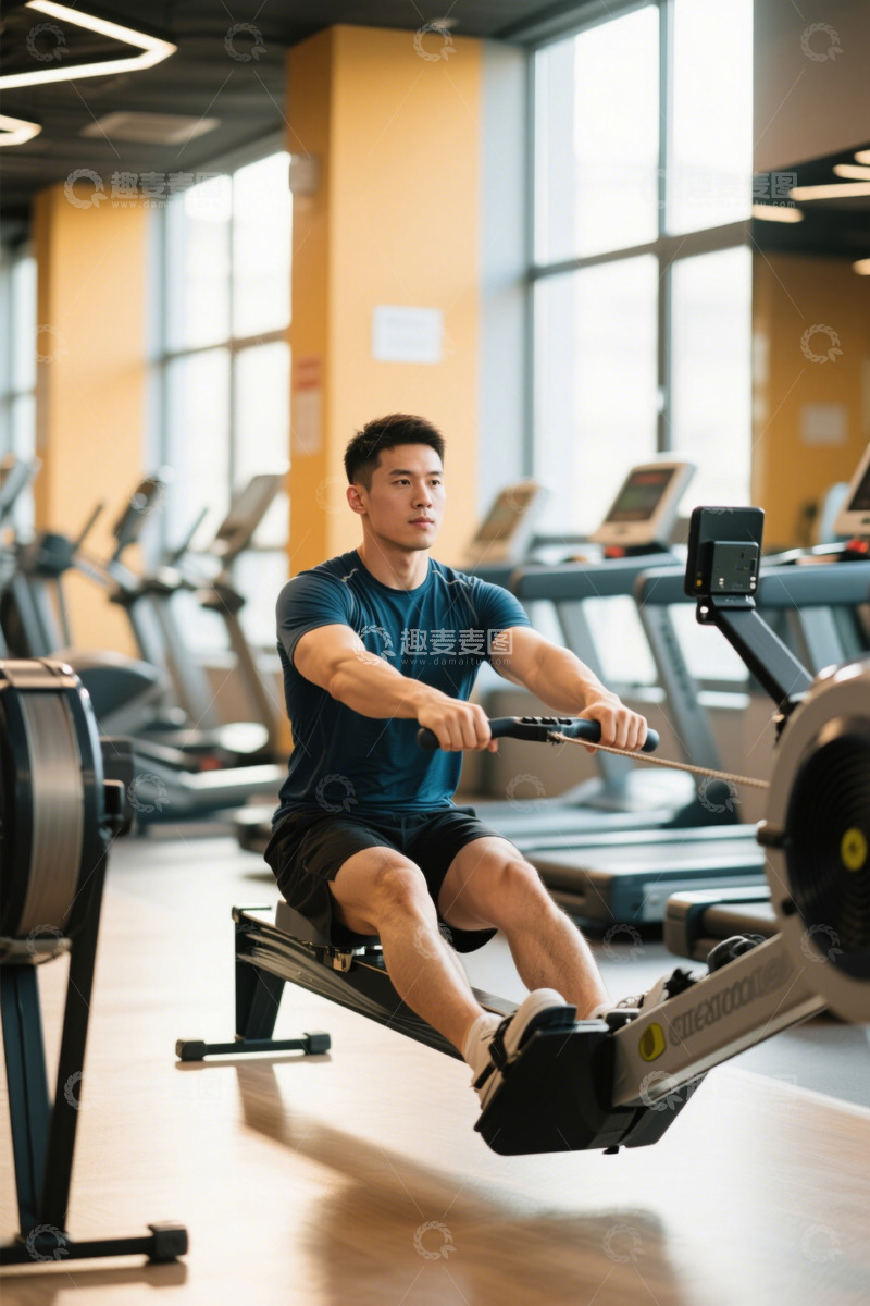 高清大图下载【趣麦麦图】男子在健身房使用划船机锻炼