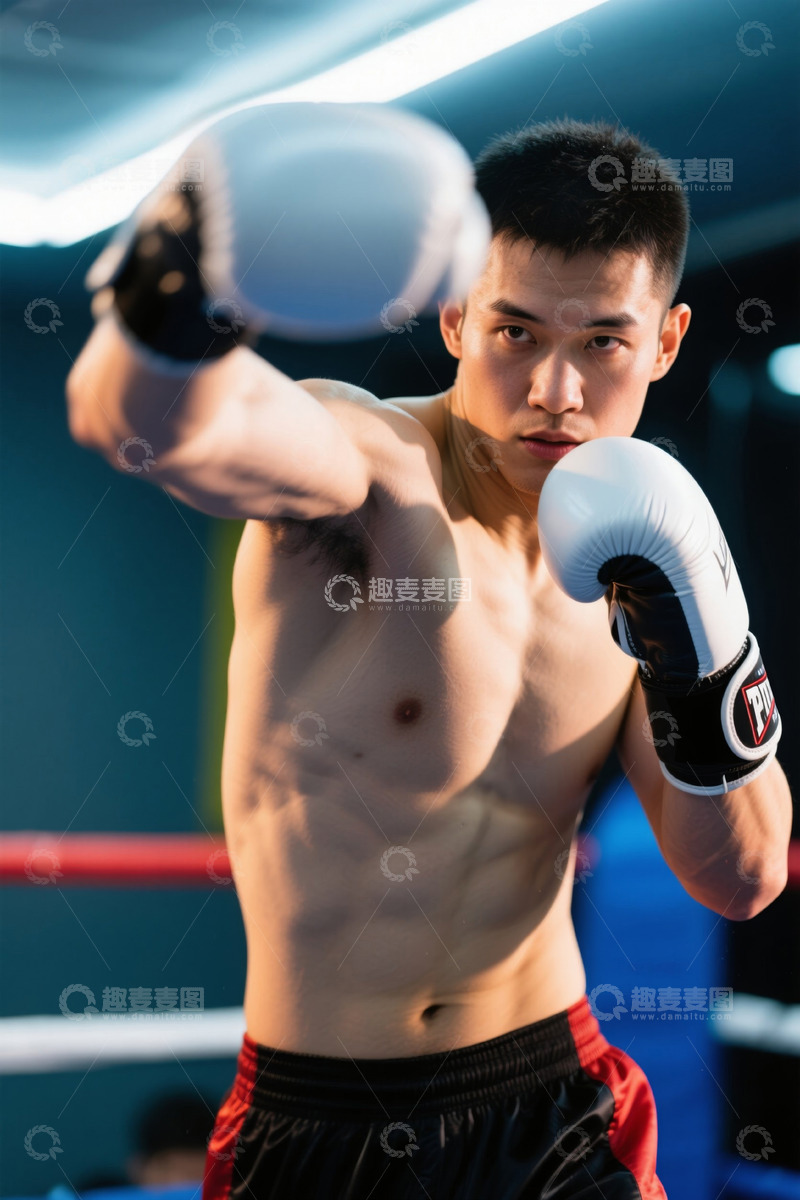 高清大图下载【趣麦麦图】赤膊拳击手在拳台挥拳