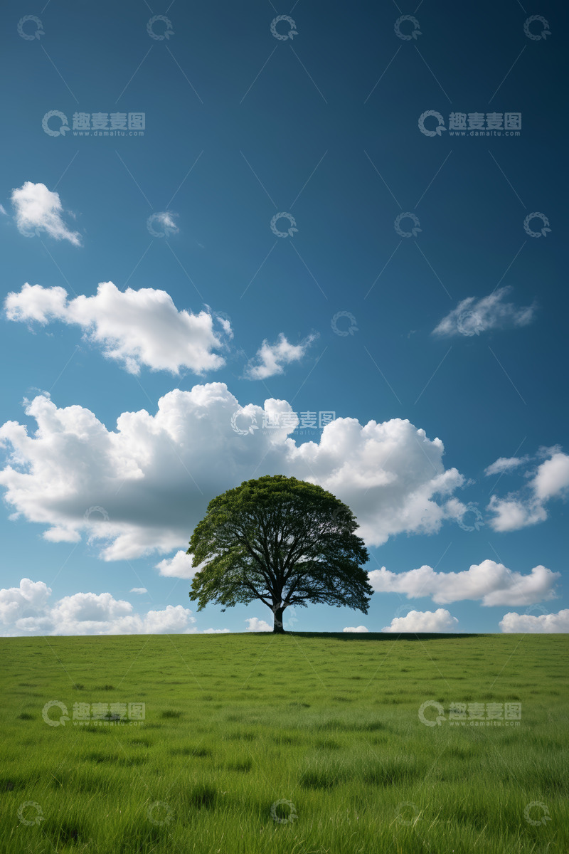 高清大图下载【趣麦麦图】草原上单棵大树与蓝天白云景观