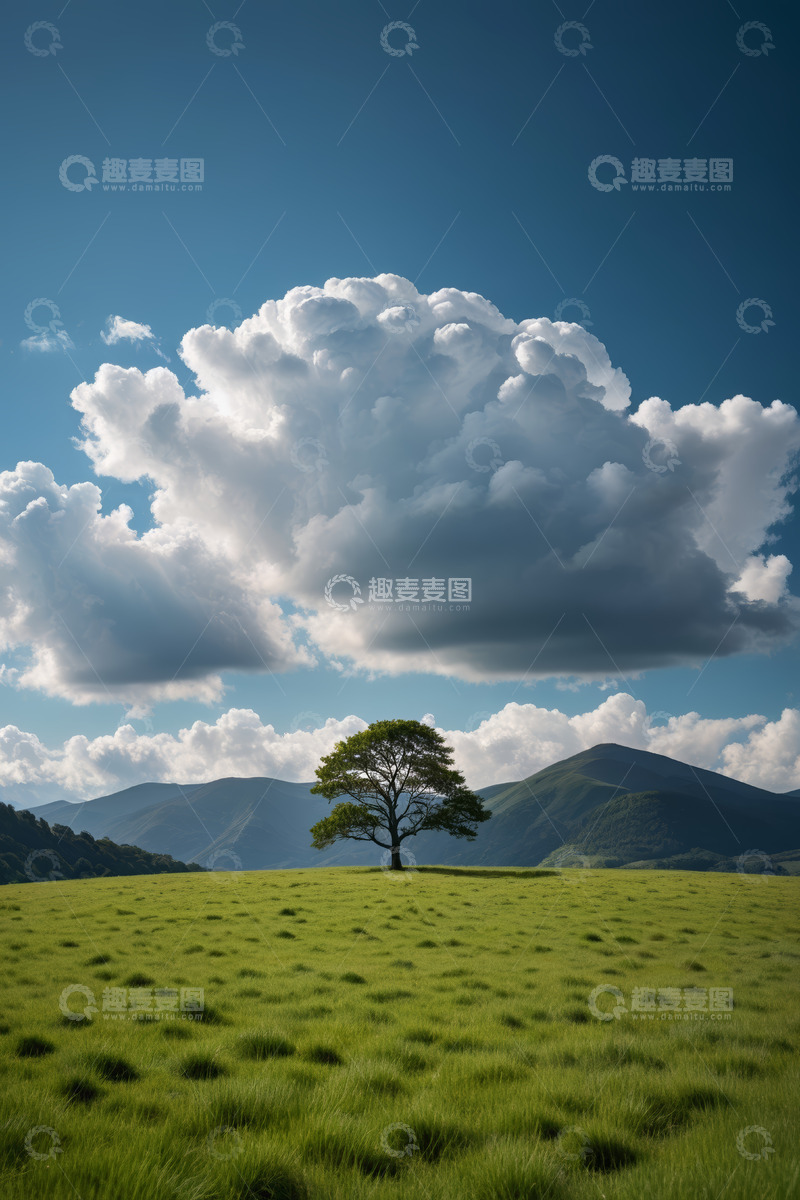 高清大图下载【趣麦麦图】草原上的孤树与远山白云