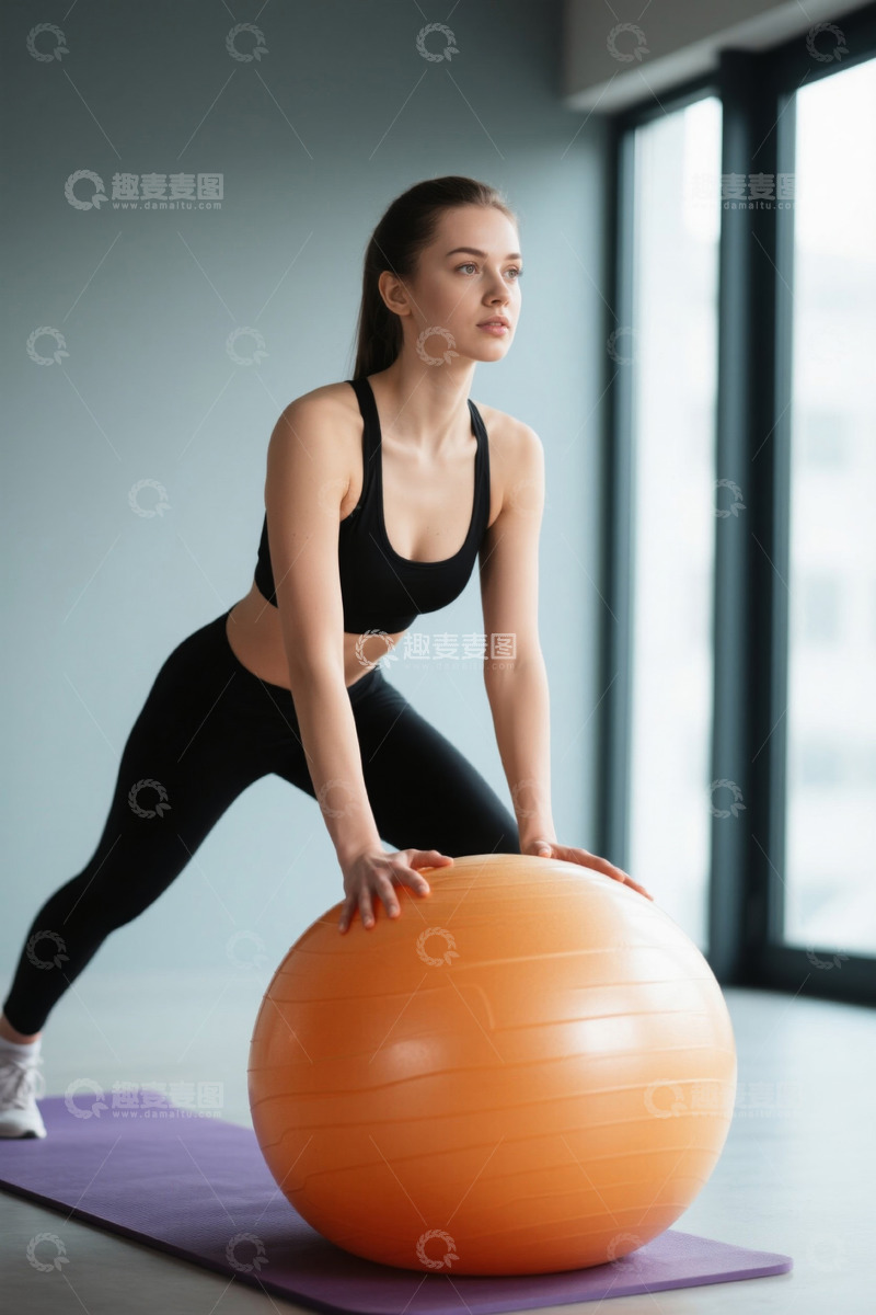 高清大图下载【趣麦麦图】女性室内借助健身球锻炼