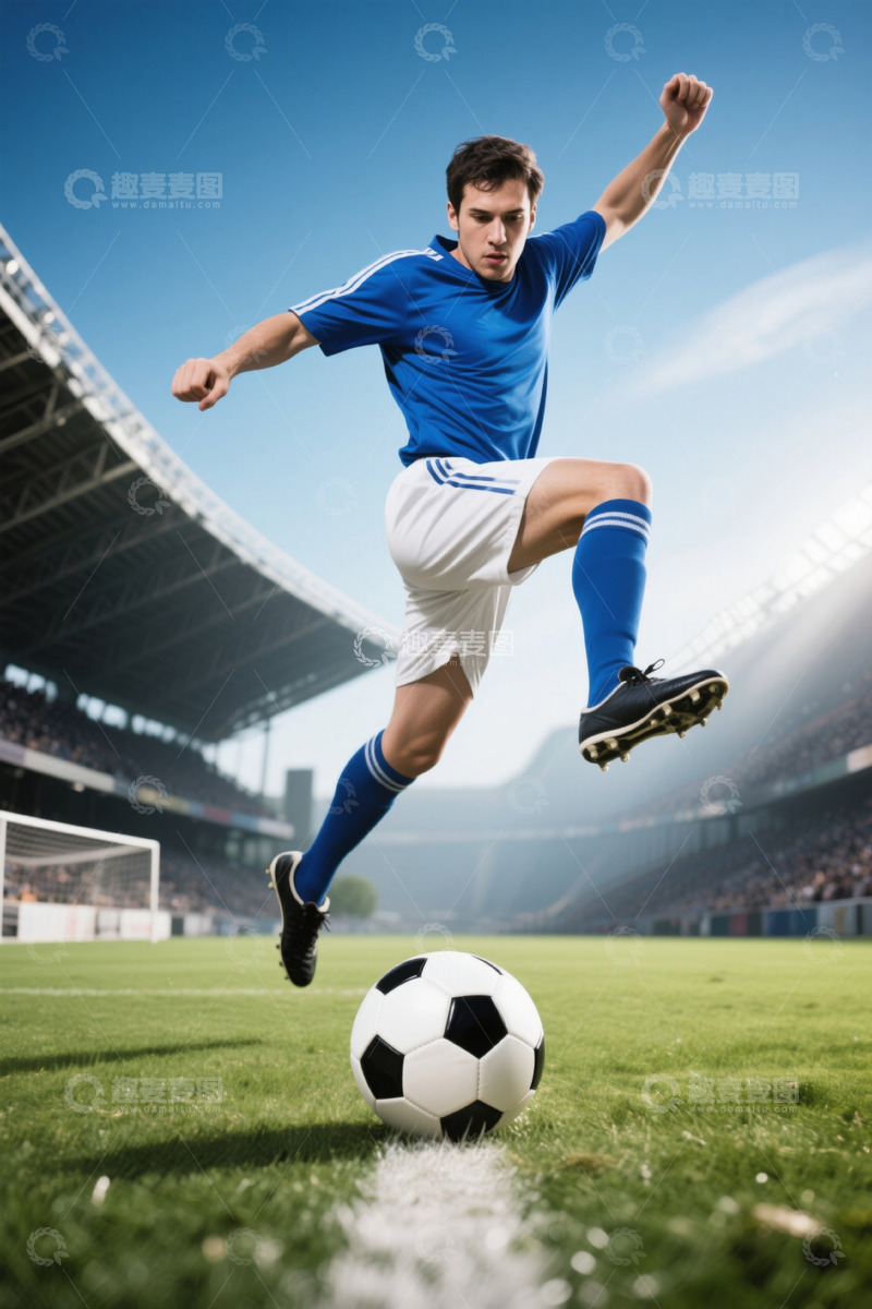高清大图下载【趣麦麦图】体育场中足球运动员踢球瞬间