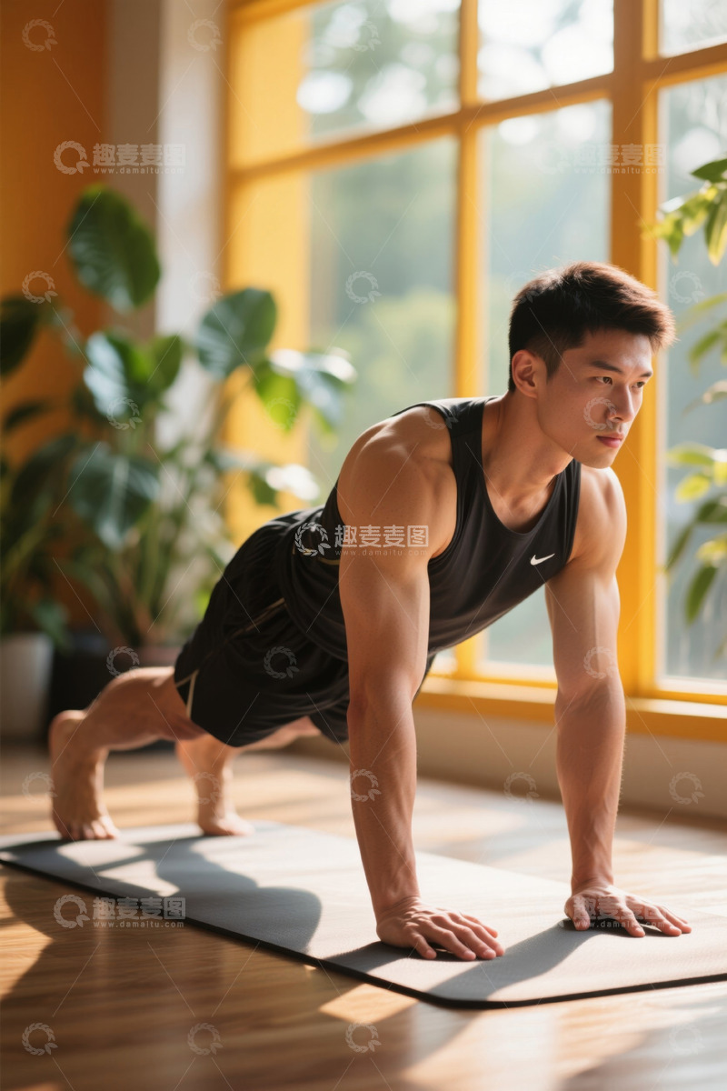 高清大图下载【趣麦麦图】男性居家做俯卧撑健身场景