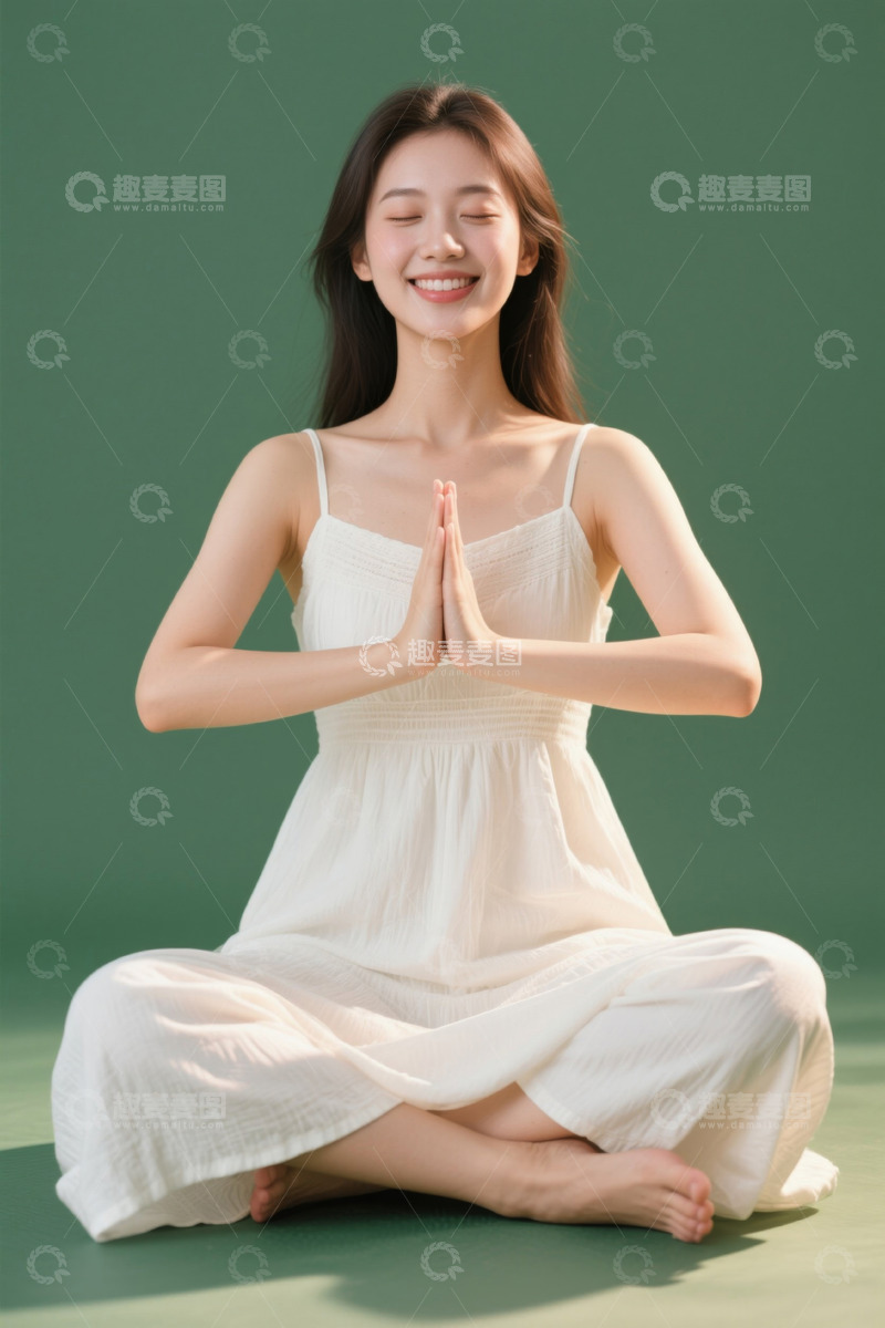 高清大图下载【趣麦麦图】女子盘坐做瑜伽双手合十