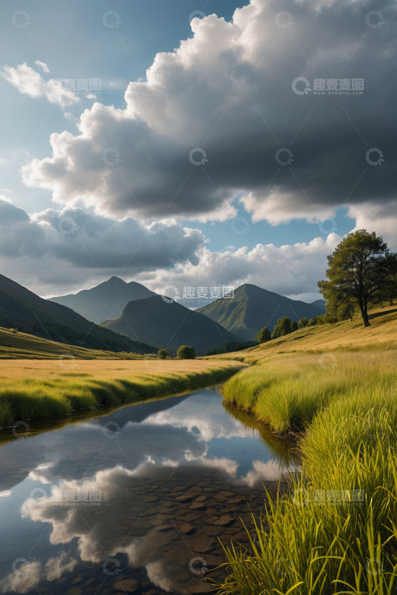 高清大图下载【趣麦麦图】山间草地河流与蓝天白云景观