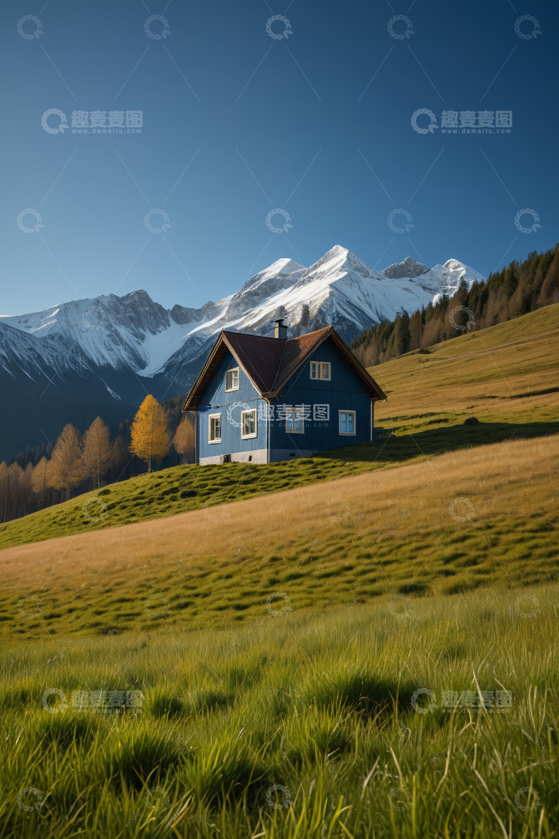 高清大图下载【趣麦麦图】山间蓝屋与雪山风景