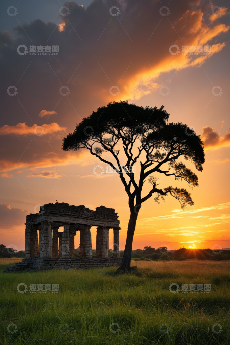高清大图下载【趣麦麦图】日落时分树旁古迹景观