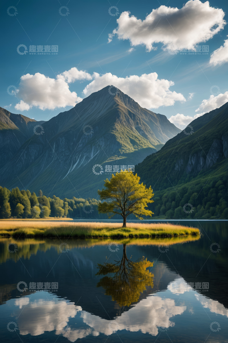 高清大图下载【趣麦麦图】湖畔孤树与远山自然风光