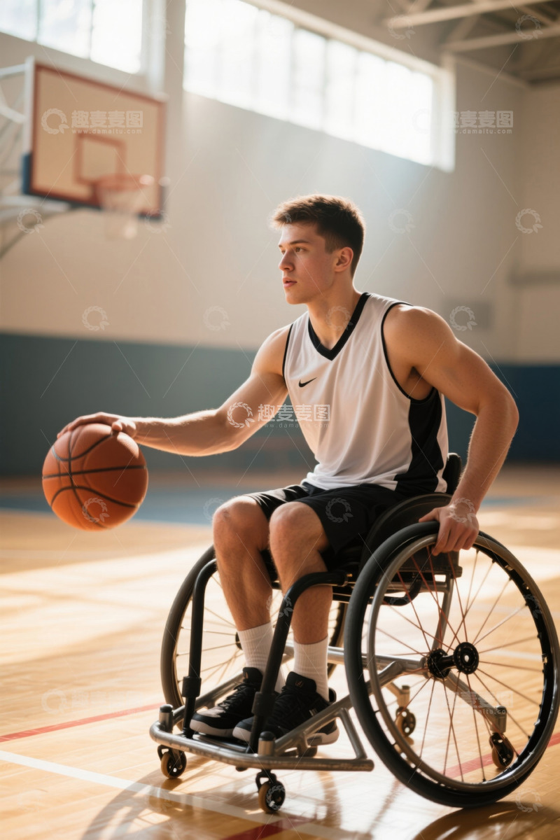 高清大图下载【趣麦麦图】轮椅篮球运动员在室内球场持球