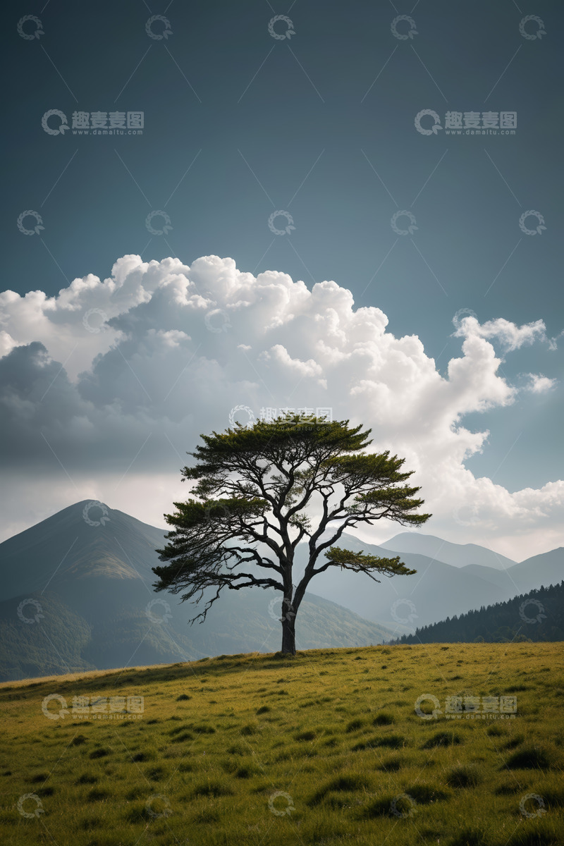 高清大图下载【趣麦麦图】草原上的孤树与远山云海