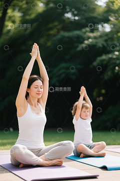 母子户外共同练习瑜伽