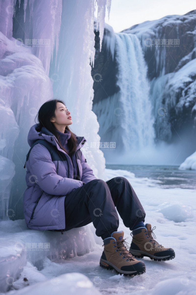 高清大图下载【趣麦麦图】女子坐于冰雪瀑布前休憩