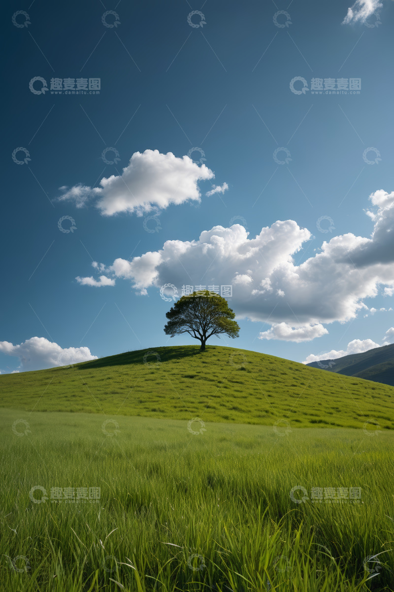 高清大图下载【趣麦麦图】山丘上孤独的树与蓝天草地