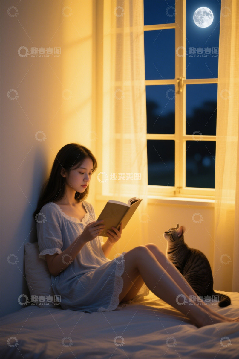高清大图下载【趣麦麦图】夜晚女子床边读书伴猫