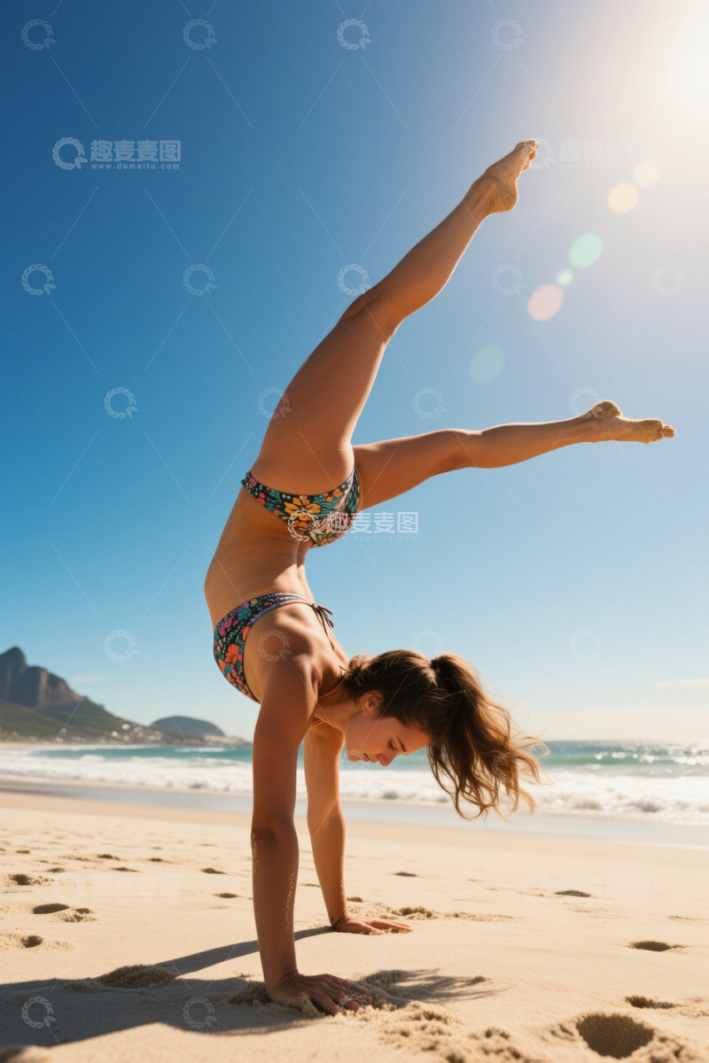 高清大图下载【趣麦麦图】海滩上做倒立的女子