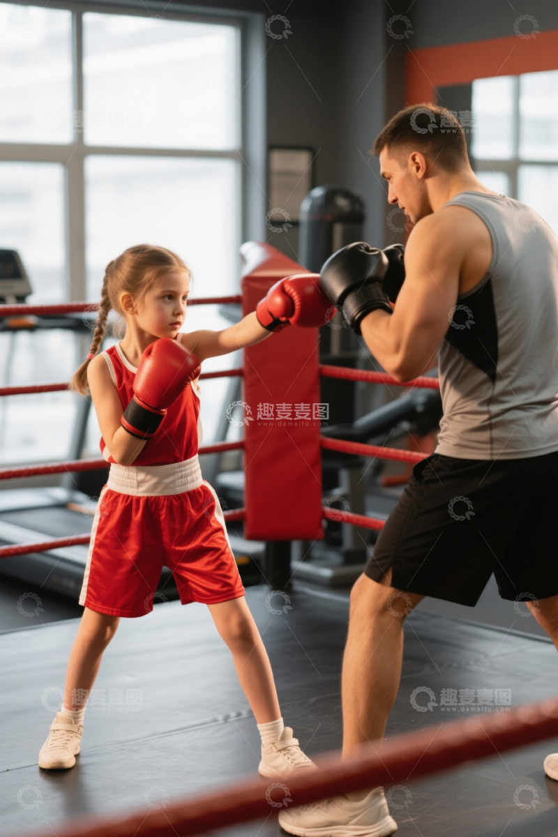高清大图下载【趣麦麦图】小女孩在健身房进行拳击训练