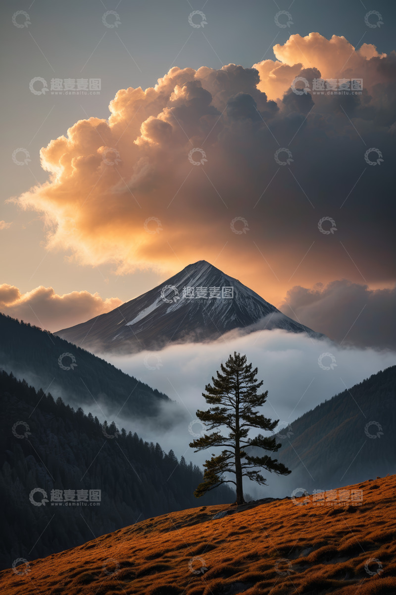 高清大图下载【趣麦麦图】山间云海中的孤树与远山