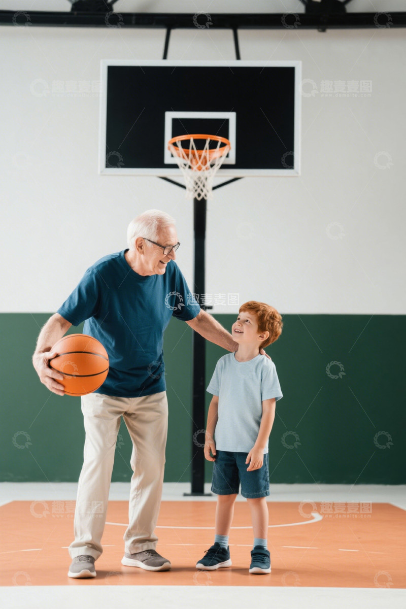 高清大图下载【趣麦麦图】老人与男孩在篮球场互动