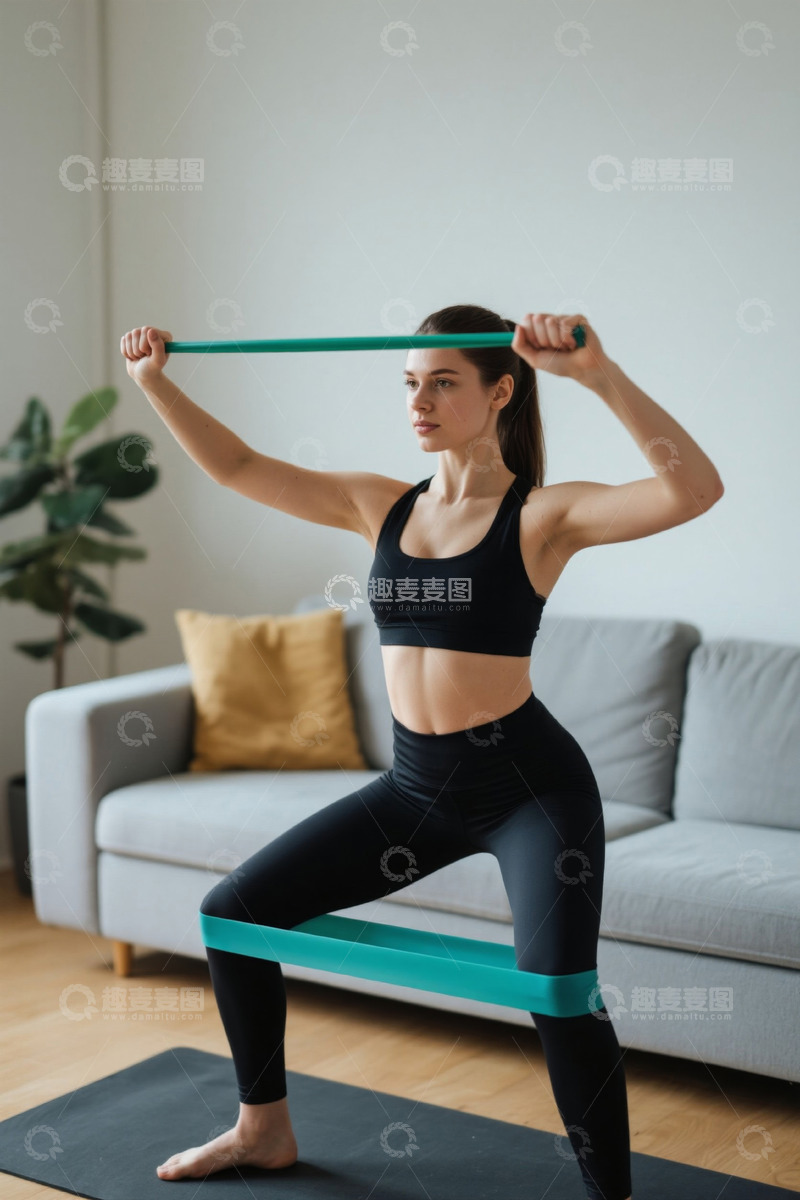 高清大图下载【趣麦麦图】女性居家弹力带健身场景