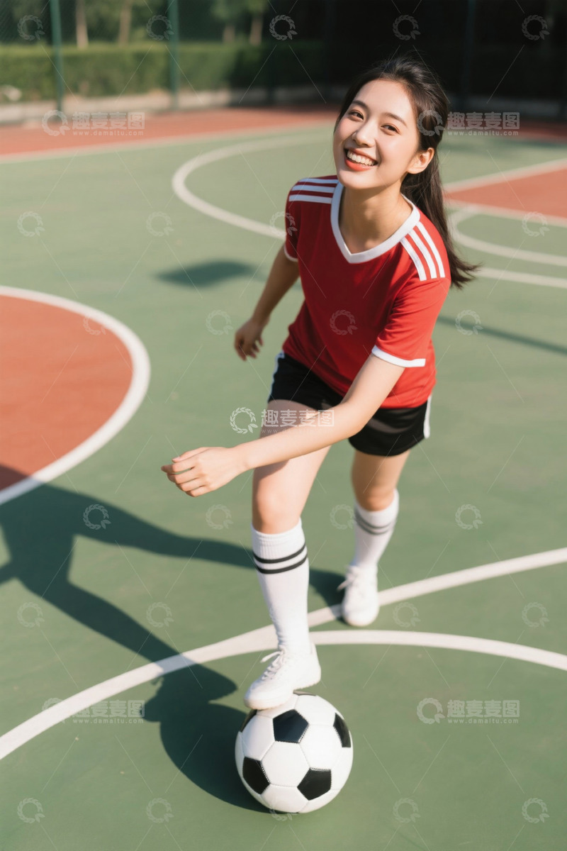 高清大图下载【趣麦麦图】女子在球场踢足球