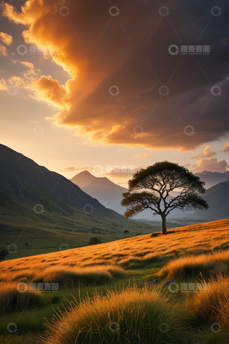 高清大图下载【趣麦麦图】山间草原孤树日落风光